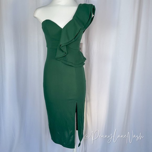 Hello Molly Caruso Ruffle One Shoulder Bodycon Dress Green - Picture 2 of 13